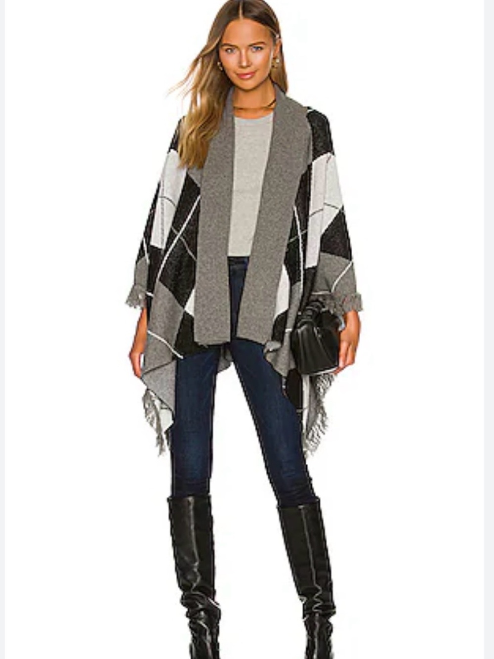 L'Agence Jaclyn Grey Black Argyle Poncho Cape